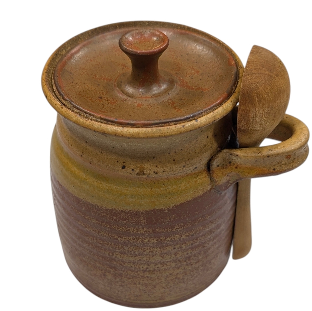 Signed Studio Pottery Lidded Honey Jar With Wooden Spoon. 5" Tall. 4" Diameter
